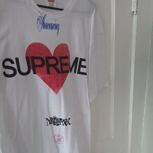 Supreme White Tee with Red Heart and Black Text